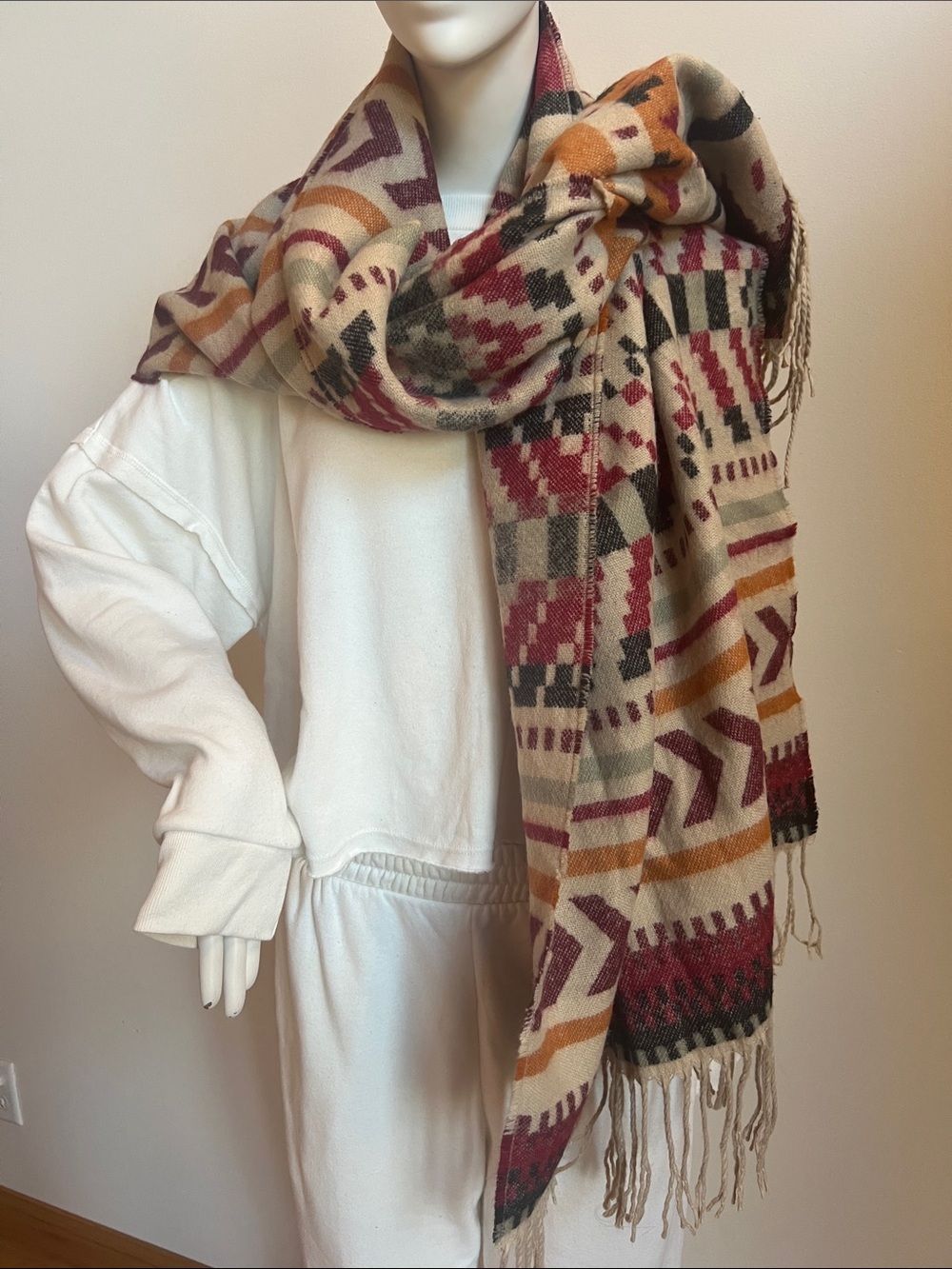 pistil Aztec Pattern Fringe Scarf in Cream, Burgundy & Mustard
